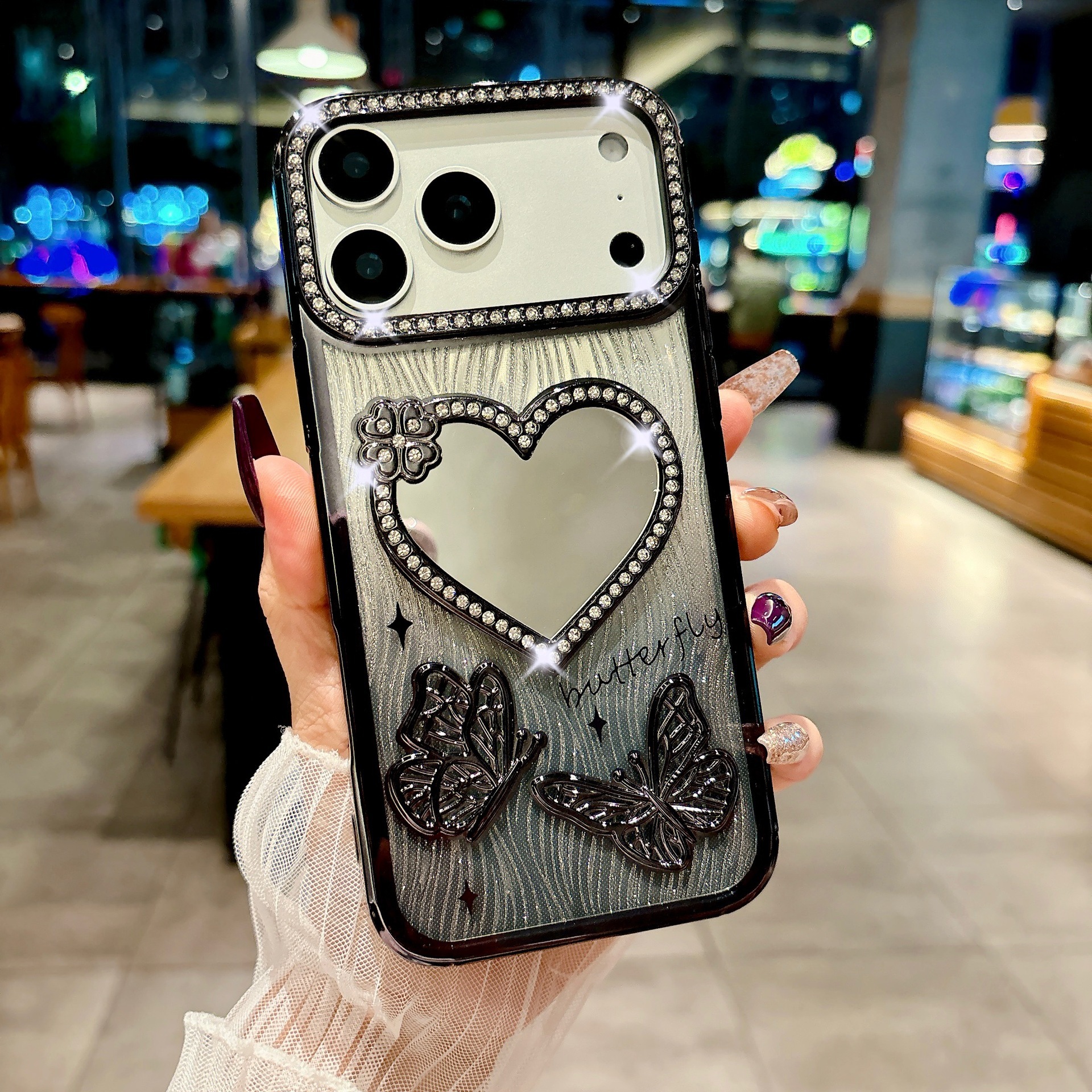 Electroplated Heart Mirror Butterfly Phone Case iPhone 17 Pro Max Compatible with Apple 16/15 Gradient Water Ripple Paper Case