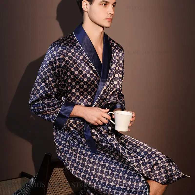 Pajama Mens Robe Kimono Gown Bathrobe with Pockets Print Sleepwear Home Clothing Spring Autumn Satin Nightwear Loose Loungewear C251202