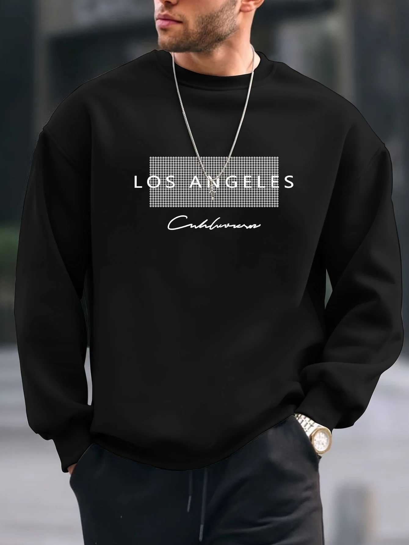 Mens autumn and winter fashionable casual loose Los Angeles letter printed fleece pullover round neck long sleeved sweatshirt J251203