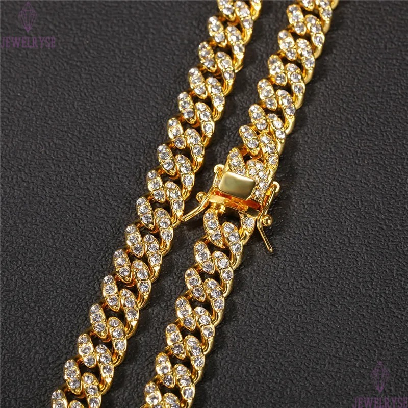12mm hip hop jewelry cuban link chain mens gold necklace designer chain for man Diamond Iced Out Alloy Chains Austrian Rhinestone Long Silver Necklace