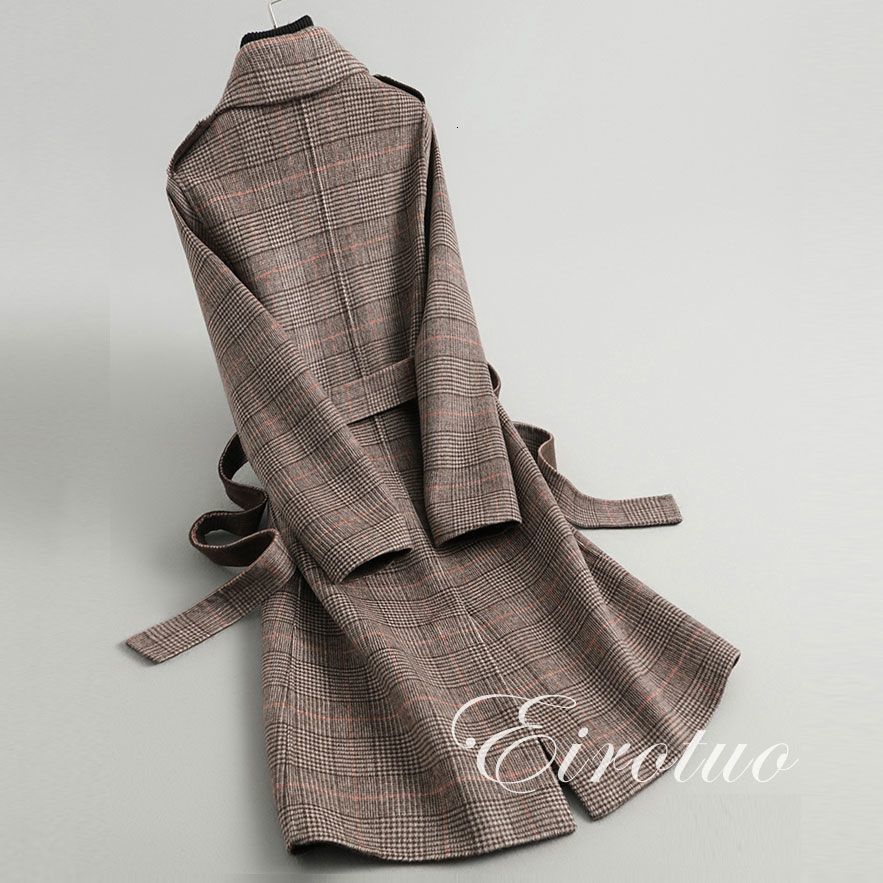 Autumn Winter Arrival Women Warm Wool Coat Fashion Plaid Belted Blends Outwear Female Korean Slim Office Long Coat 201103