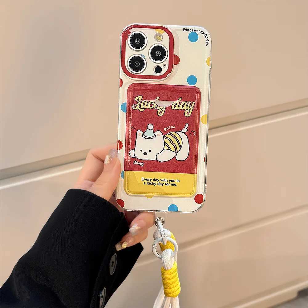 Polka Card Holder Phone Case with Puppy Stand and Lanyard for iPhone 15 PRO MAX 14 13 12 11 XS X XR SE 8 7 PLUS Phone Cover J251202