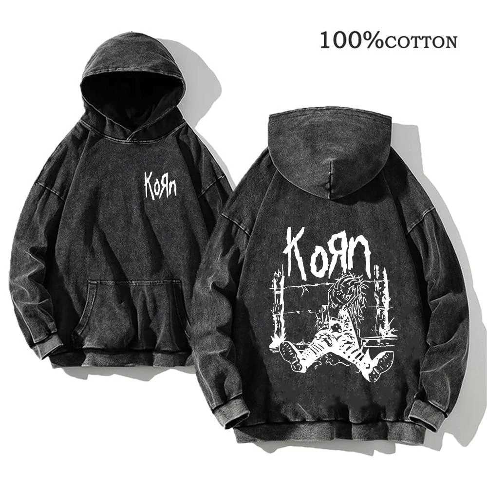 Korn Rock Band World Tour Hoodies Vintage Washed Mens Sweatshirts Cotton Hip Hop Streetwear Hooded Pullover Loose Y2K Tops J251203
