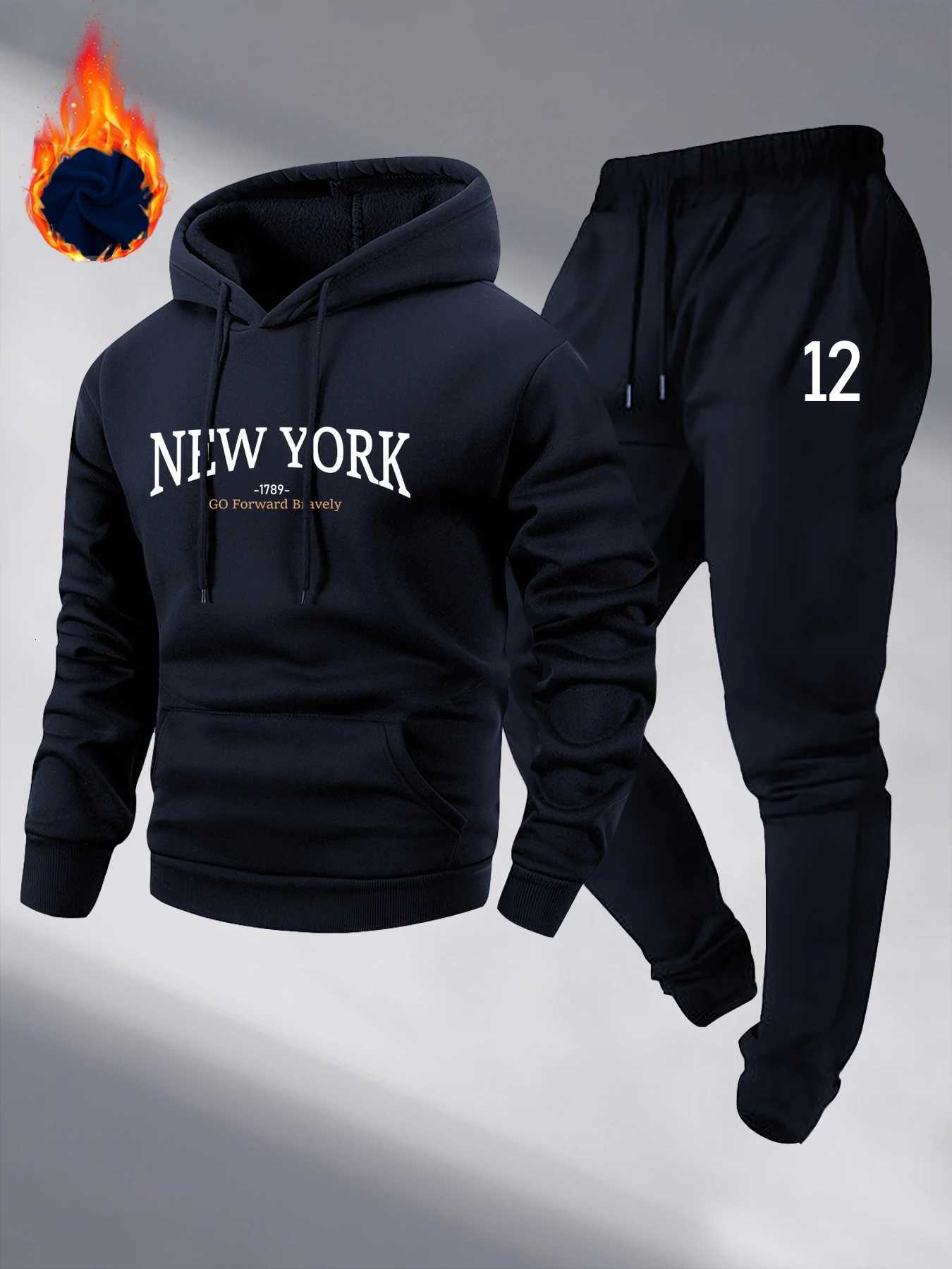 Mens Autumn and Winter Pattern Casual Two-Piece Set Hooded Sweatshirt and Pants with Pockets Regular Fit Outdoor Sport Suit W251202