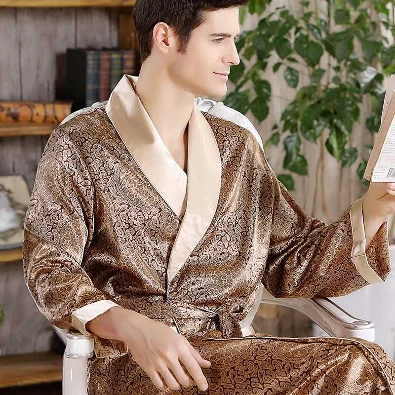 Men Bath Robe Satin Print Gold Kimono Bathrobe Silk Long Dressing Gown Plus Size Sleepwear Geometric Lounge Nightgown XL 4XL 5XL C251202