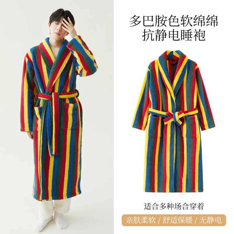 Fashion Stripes Flannel Couple Long Robe Sleepwear Winter Warm Women Nightgown Bathrobe Loose Thick Coral Fleece Homewear Pajama C251202