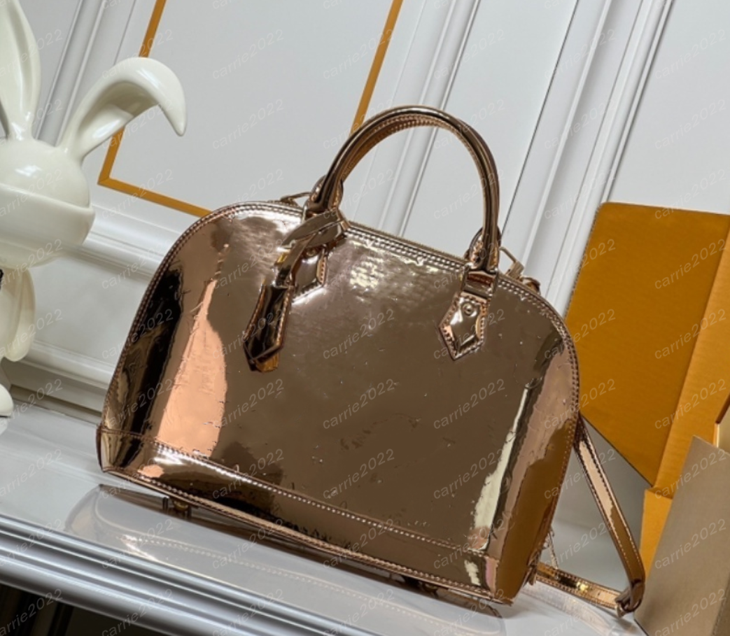 Ladies Designer Luxury Patent rose gold Sp 30cm leather Gold Ski shell bags Totes Handbag Shoulder Bag Crossbody Top Quality Rose gold ski 25 Pillow Boston bags