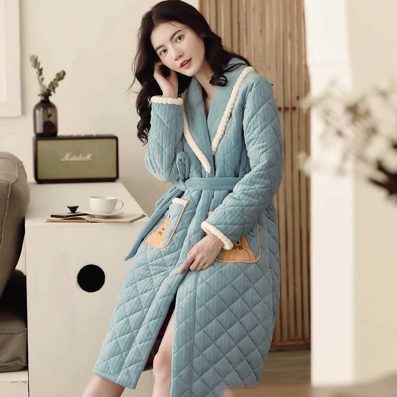 Winter Thick Warm Women Three Layer Cotton Robe Long Sleeve Casual Soft M-XXL Female Bathrobe C251202