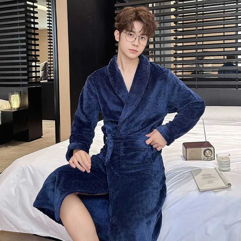2025 Winter Long Sleeve Thick Warm Flannel Kimono Robes for Men Loose Coral Velvet Sleepwear Bathrobe Male Homewear Home Clothes C251202