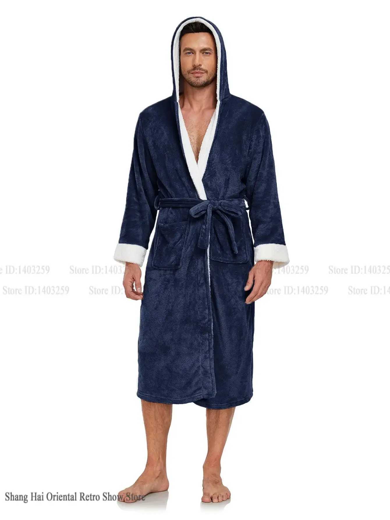 Thicken Flannel Hooded Men Bathrobe Kimono Gown Autumn Winter Robe Home Clothing Sleepwear Loose Coral Fleece Nightwear Pajama C251202