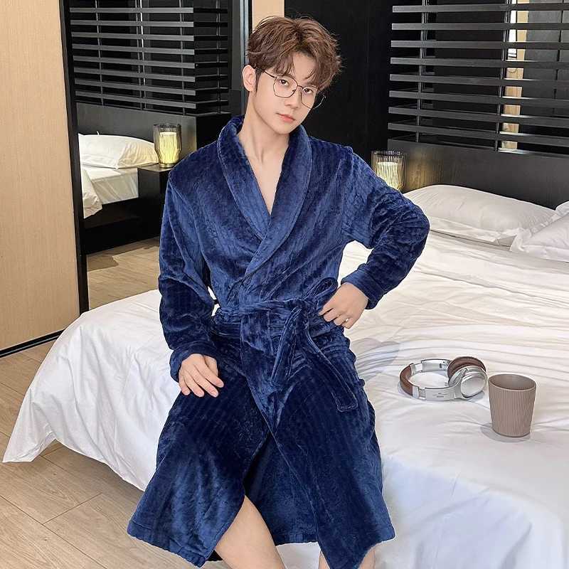 2025 Winter Long Sleeve Thick Warm Flannel Kimono Robes for Men Loose Coral Velvet Sleepwear Bathrobe Male Homewear Home Clothes C251202