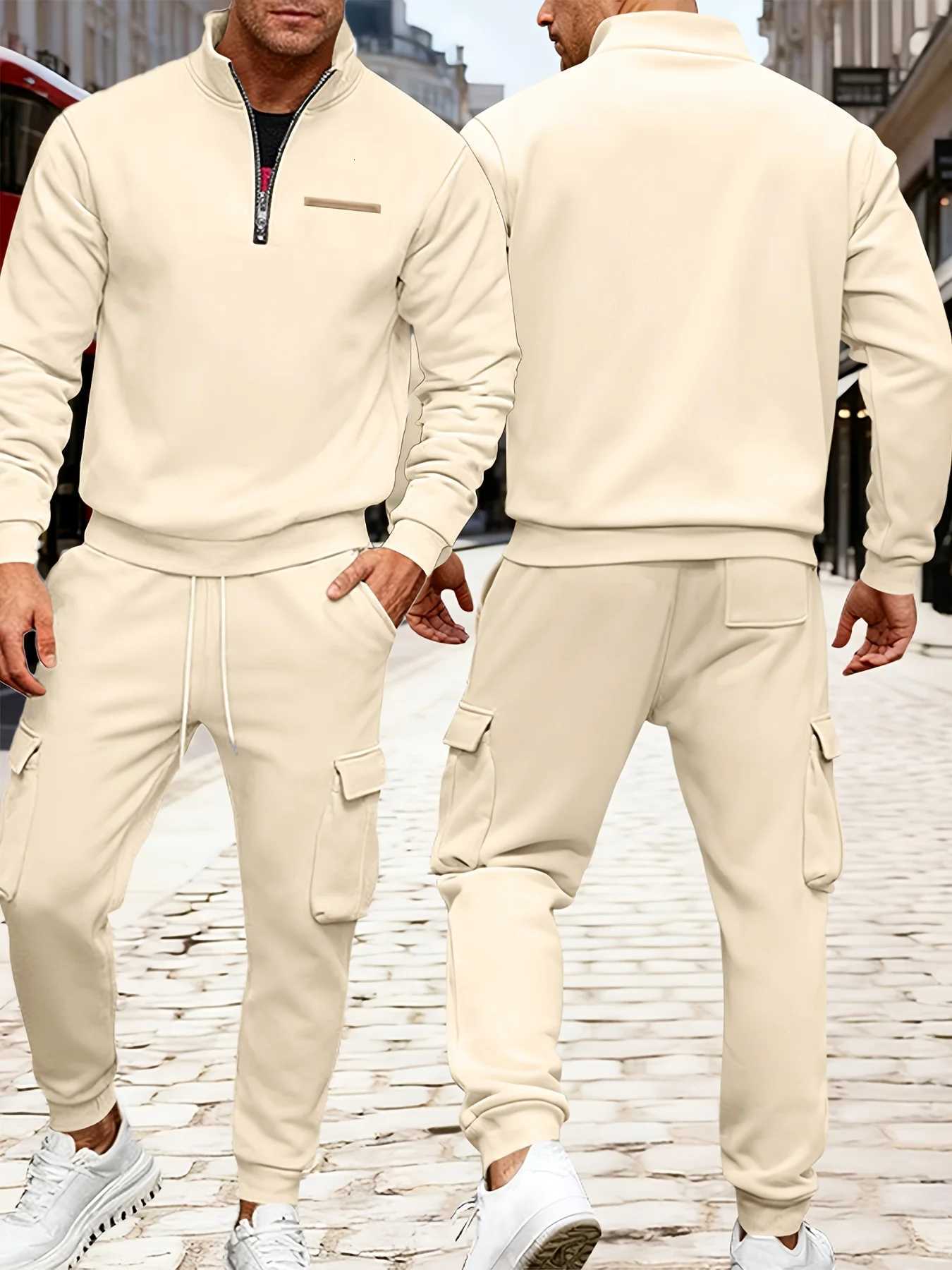 2-piece Autumn and Winter Mousse Fleece Warm Mens Suit Semi-zipper Sweatshirt Multi-pocket Jogging Pants Set W251202