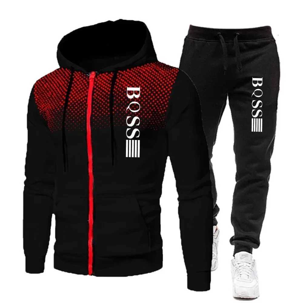 Fashion Print Tracksuit for Men Zipper Hooded Sweatshirt and Sweatpants Two Pieces Suits Male Casual Fitness Jogging Sports Sets W251202