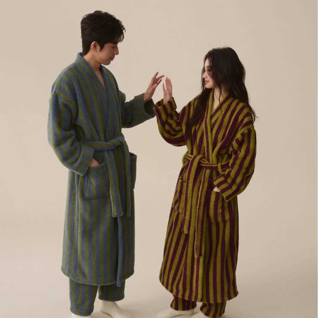 Thickened Flannel Robe Pants Pajamas Set Autumn Winter New Couple Coral Velvet Women Men Bathrobe Striped Lengthed Home Clothes C251202