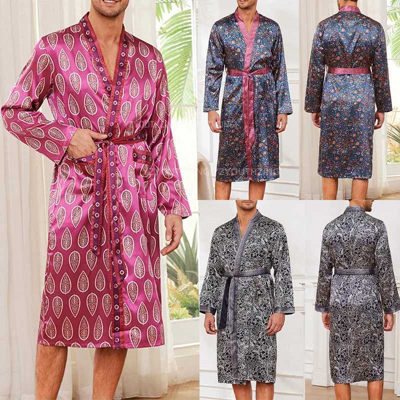 Print Robe Men Stain Sleepwear Loose Peignoire De Douche Homme Mens Bathrobe Satin Sleepwear Loungewear Kimono with Belt C251202
