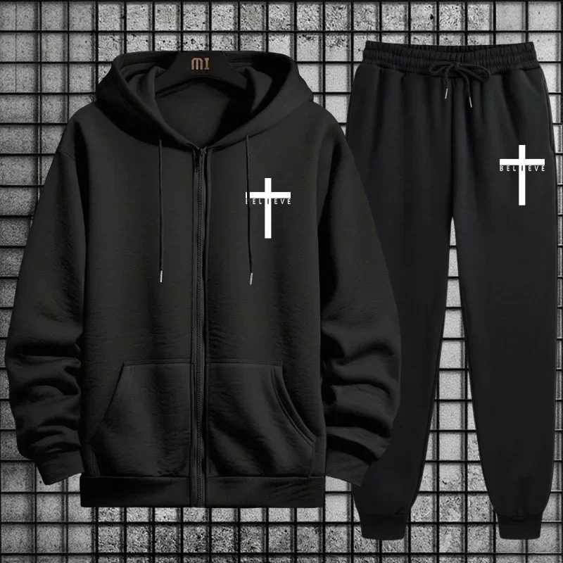Autumn Winter Fashion Cross of Christ Mens Hip Hop Tracksuit Set 2025 New 2 Piece Outfit Zipper Hoodie Joggers Urban Streetwear W251202
