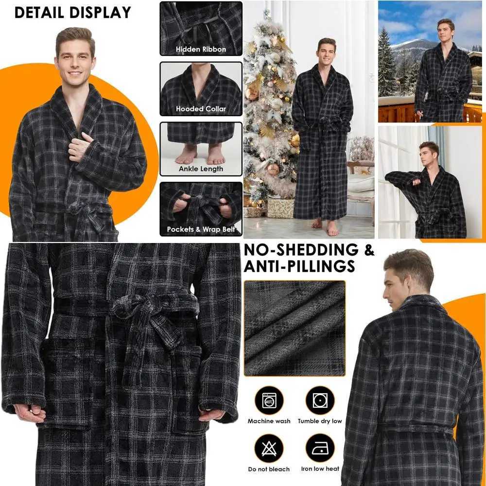 Large Plaid Shawl Collar Full-Length Fleece Bathrobe for Men C251202