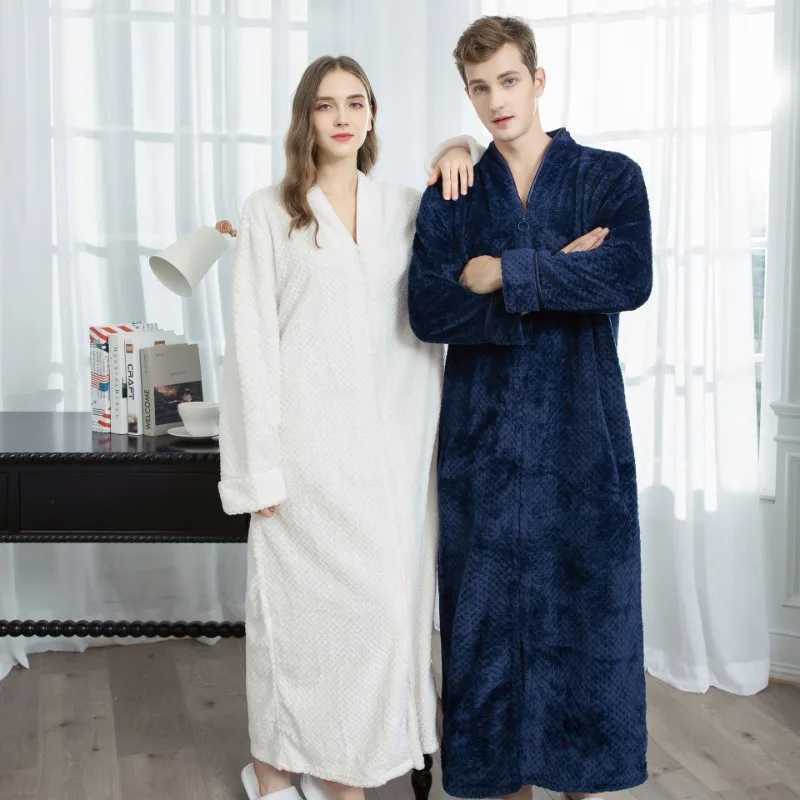 Women Winter Extra Long Warm Jacquard Flannel Bathrobe Pregnant Zipper Plus Size Dressing Gown Lounge Coral Fleece Bath Robe C251202