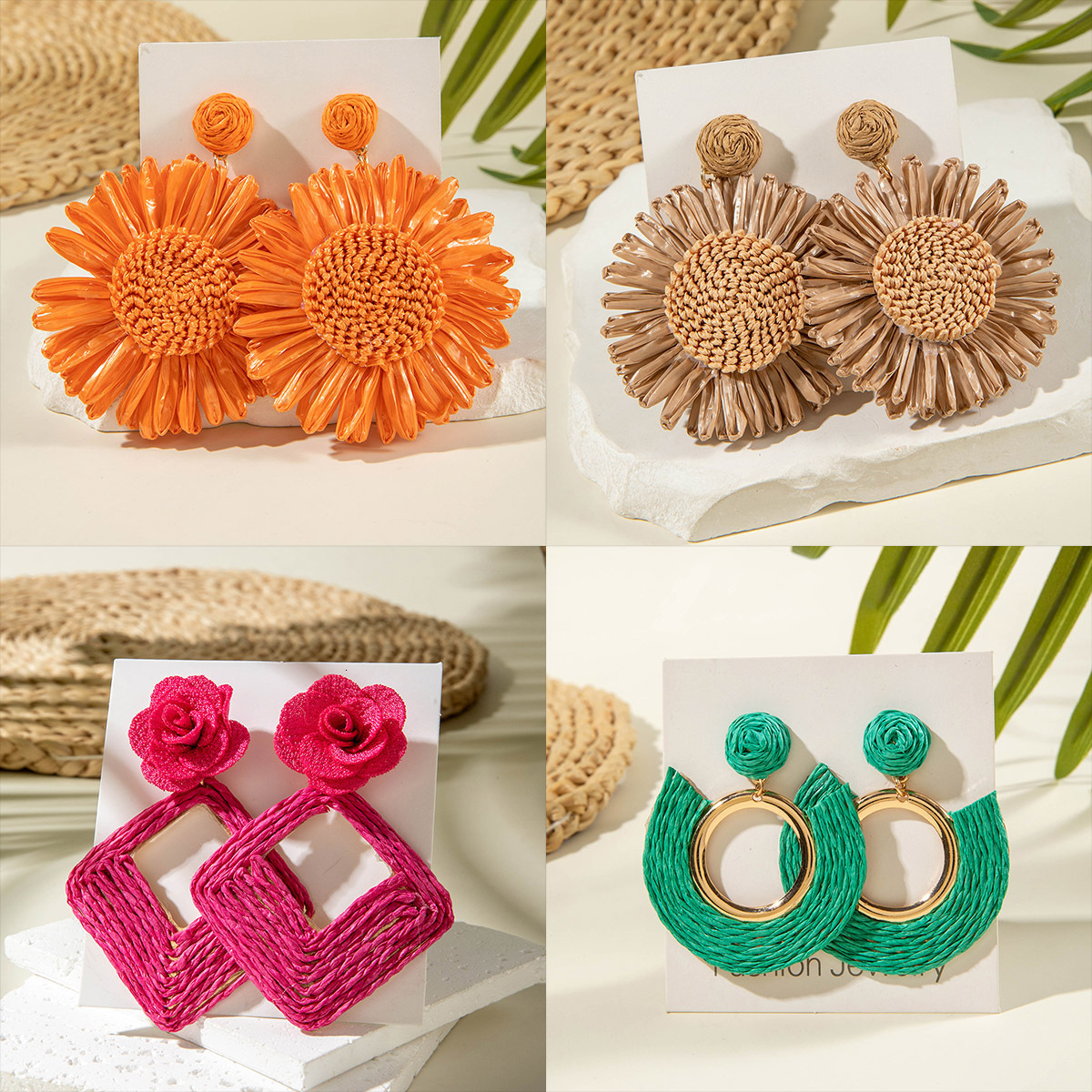 European designer And American luxury Cross-Border Handwoven Raffia Vacation Fashion free shipping Color Block Beach Style Flower Drop Earrings
