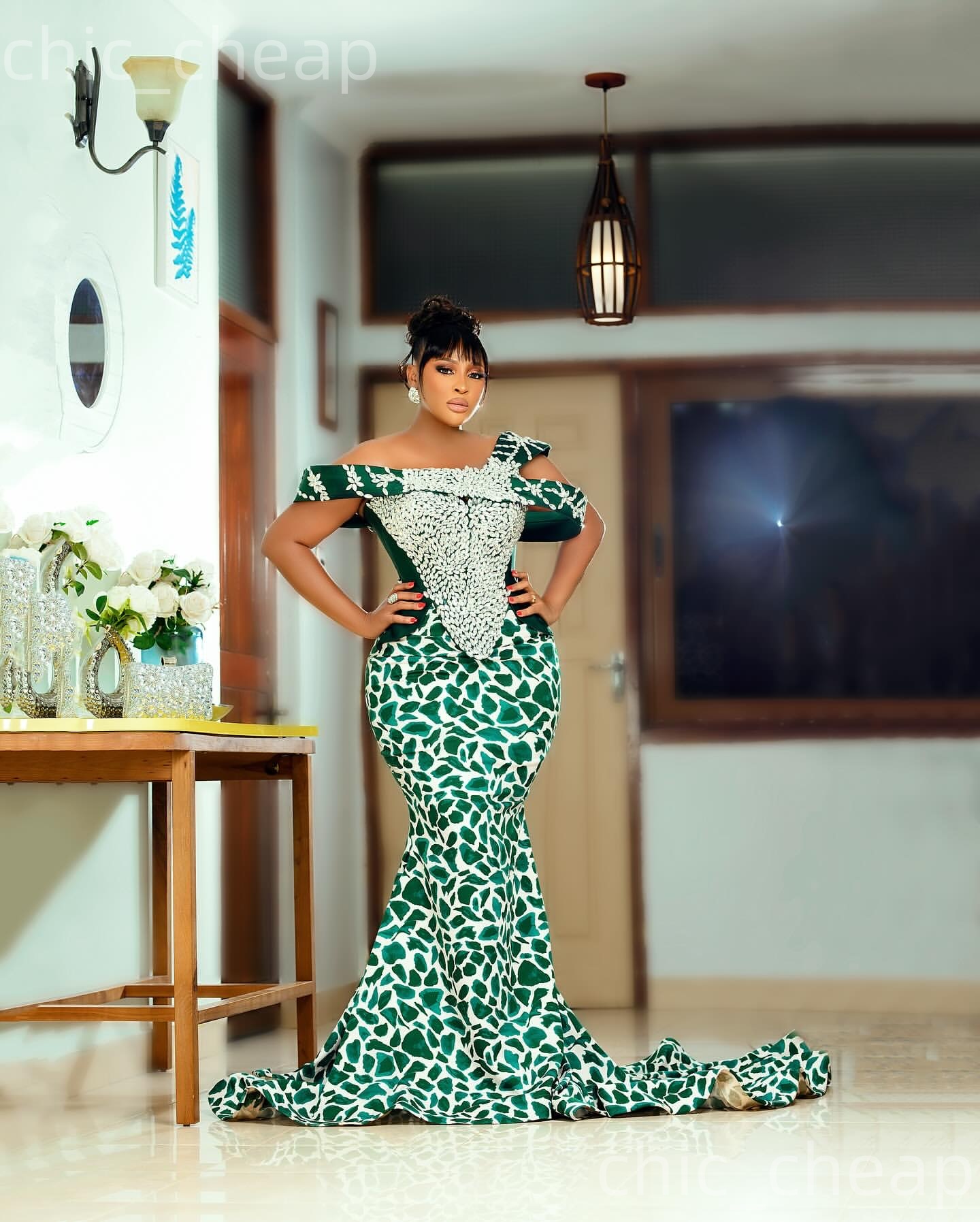 Aso Ebi Green Mermaid Prom Dresses 2026 Crystals Printed Evening Formal Party Second Birthday Engagement Gowns Plus Size Dress For Special Occasions