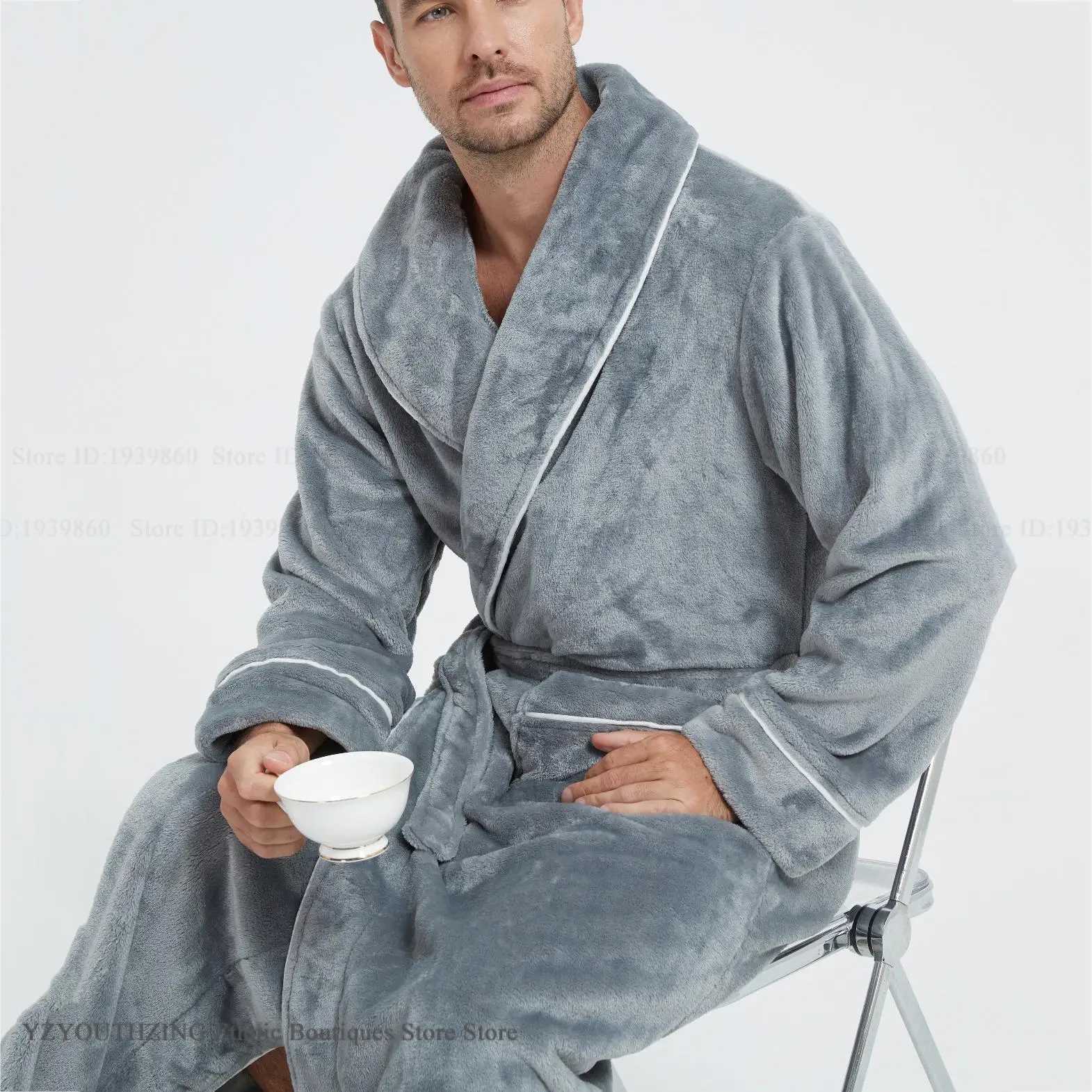 Winter New Thicken Flannel Long Robe Mens Sleepwear Loungewear Warm Coral Fleece Kimono Bathrobe Gown Loose Home Clothes Pajama C251202