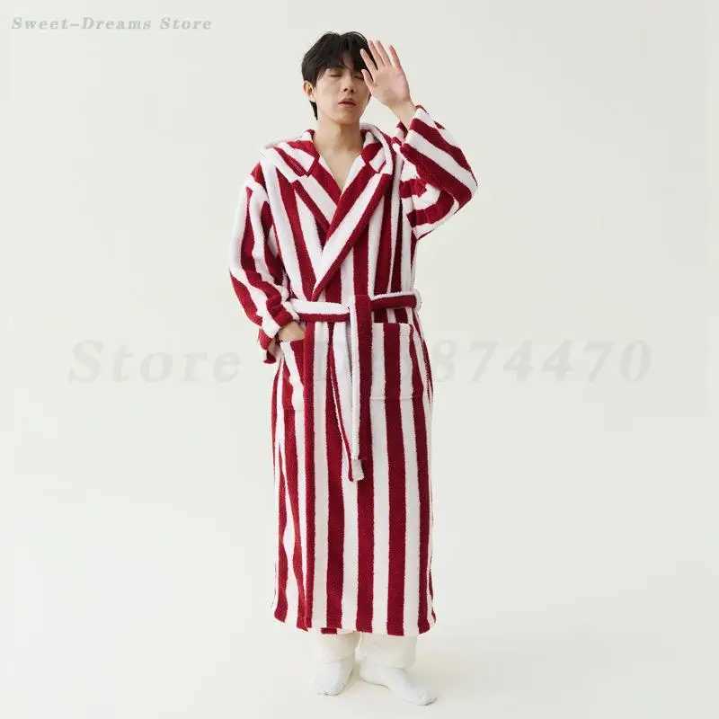 Mens Striped Robe Nightgown Coral Fleece Thick Hooded Bathrobe Kimono Gown Loose Casual Home Wear Winter New Warm Sleepwear C251202
