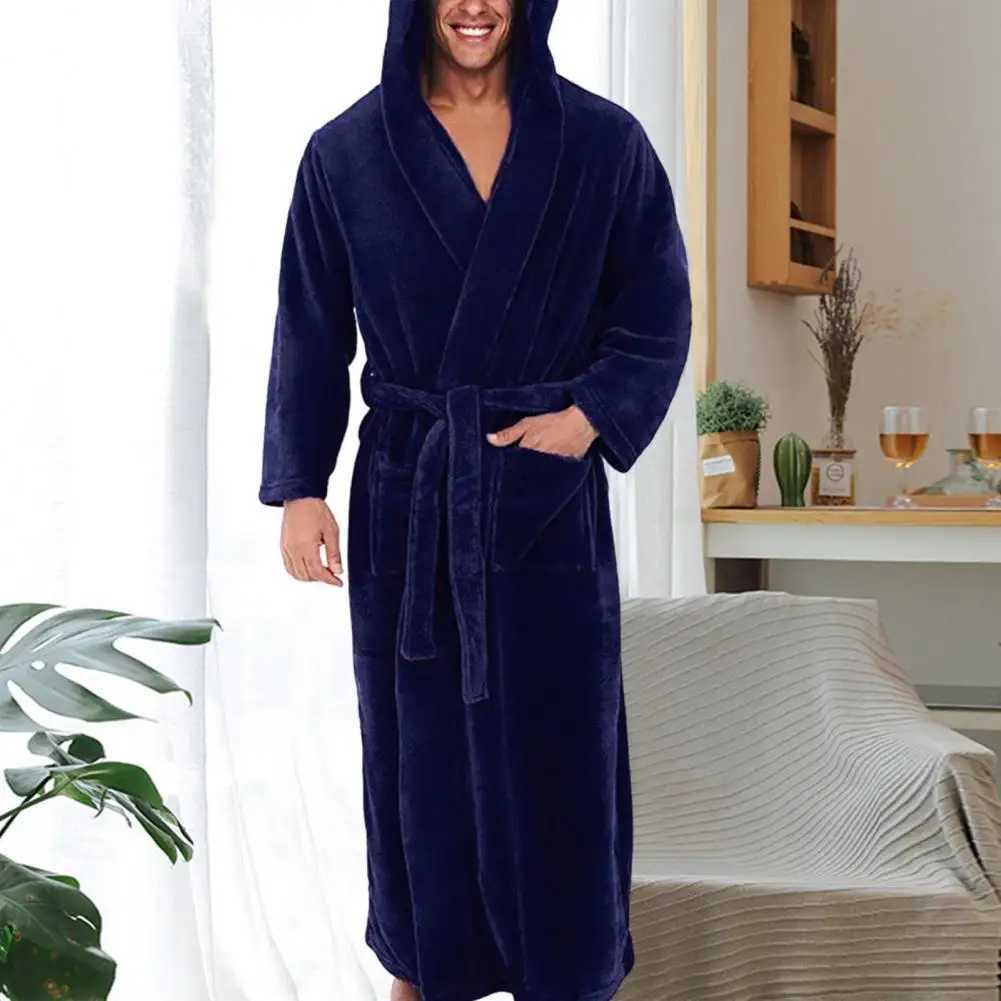 5XL Flannel Men Bathrobe Long Sleeve Plush Bath Robe Shawl Hooded Winter Warm Home Lounge Nightgown Home Clothes Gown Sleepwear C251202