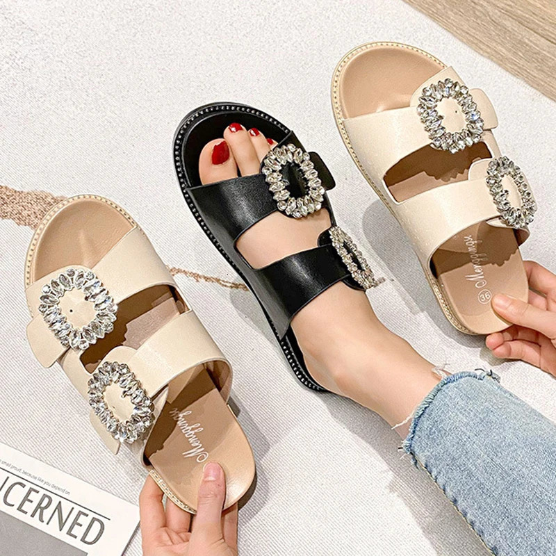 Women Rhinestone Slippers Crystal Buckle Shoes Ladies Flats Sandals Double Strap Flipflops Platform Slides Beach Sandalias Mujer 251201