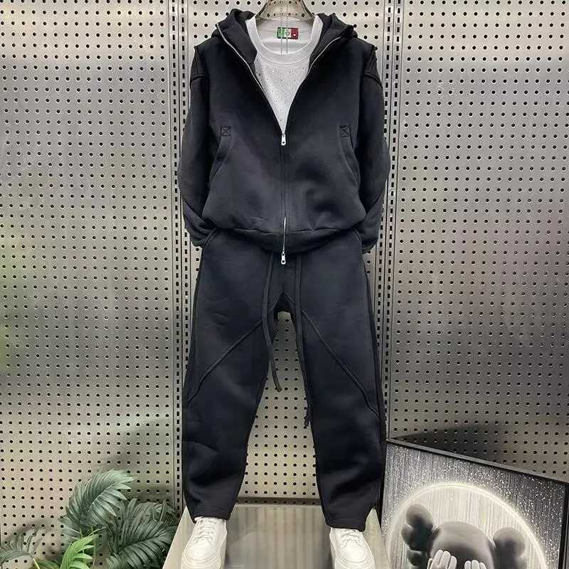 A simple American hooded sweatshirt cardigan casual pants set for men trendy and fashionable style two loose jackets W251202