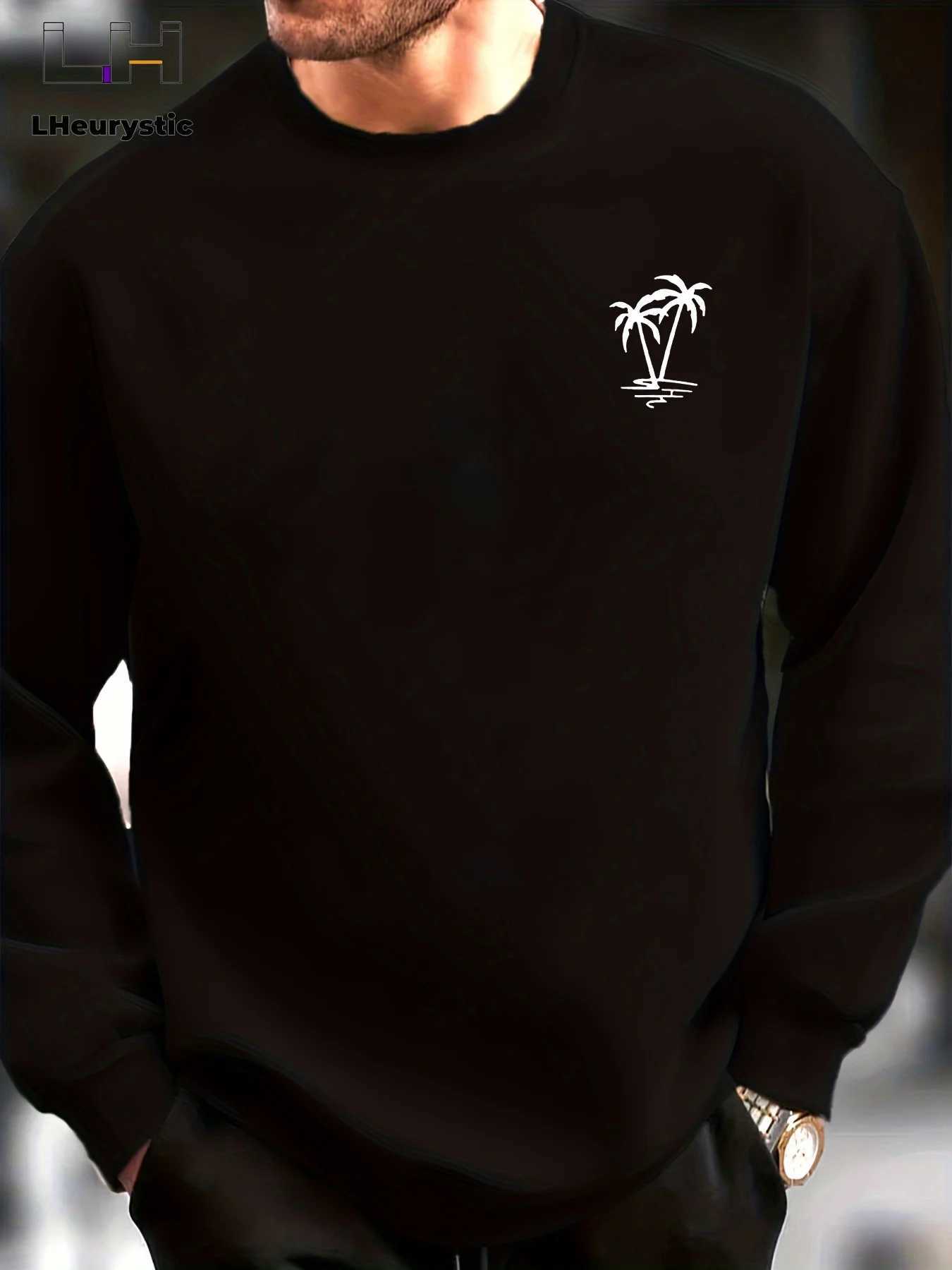 Mens autumn and winter fashionable casual loose coconut tree graphic printed long sleeved round neck sweatshirt J251203