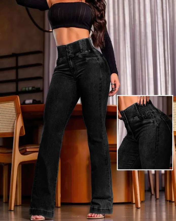 Fashionable Womens Jeans Back Shirred Button Front High Waist Jeans Temperament Commuting Casual Comfortable Jeans 251201