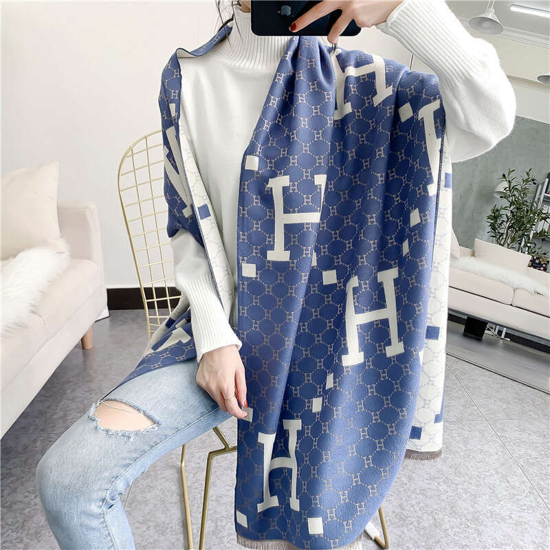 Scarf for Women Designer Luxury Autumn New Blue Imitation Cashmere Scarf for Women Winter H Letter Ladies Shawl Thick Warm One Piece