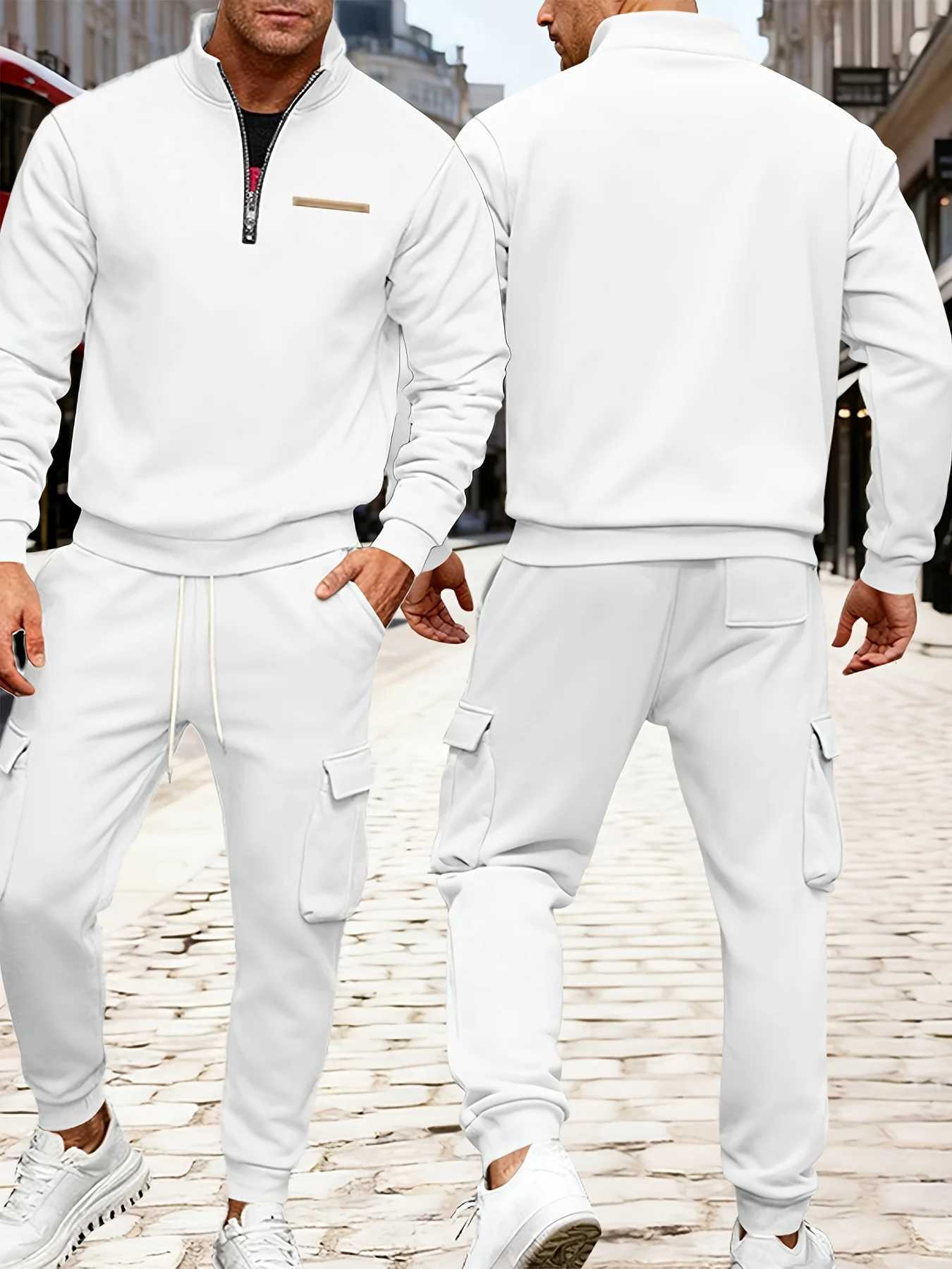 2-piece Autumn and Winter Mousse Fleece Warm Mens Suit Semi-zipper Sweatshirt Multi-pocket Jogging Pants Set W251202