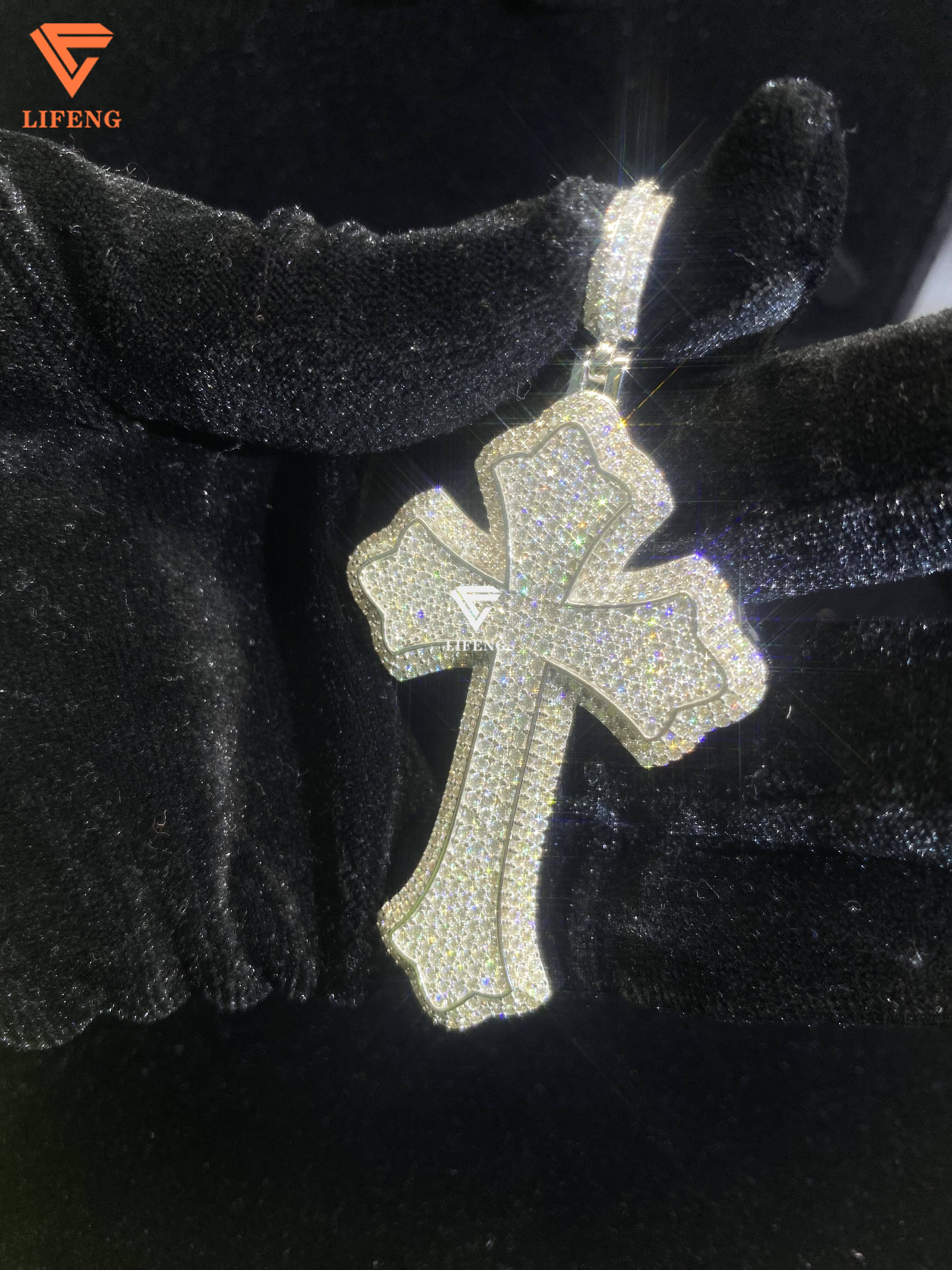 Mens 6/8mm 925 Sterling Silver Tennis Cross Necklace VVS Moissanite White Gold Pendants Fine Jewelry Christian Hip Hop Style