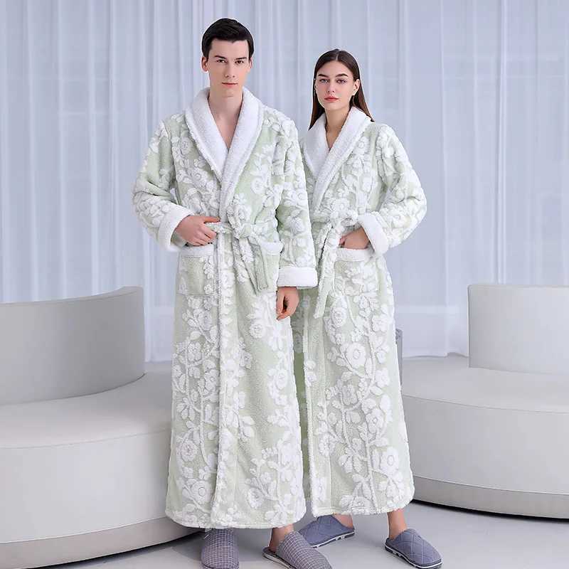 Jacquard Double Layer Thicken Robe Gown Women and Men Sleepwear Winter Warm Nightgown Coral Fleece Lovers Bathrobes Lingerie C251202