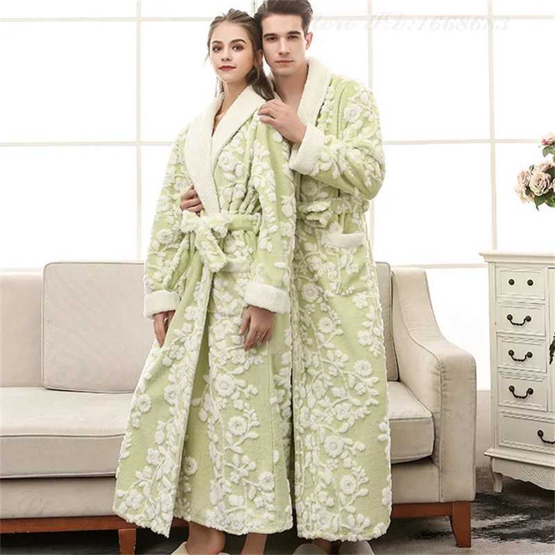 Winter Warm Coral Fleece Long Robe Couple Sleepwear Thick Flannel Jacquard Bathrobe Nightwear Loose Casual Homewear Lounge Wear C251202