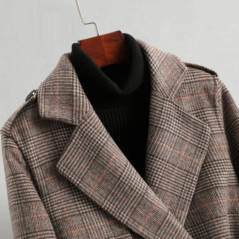 Autumn Winter Arrival Women Warm Wool Coat Fashion Plaid Belted Blends Outwear Female Korean Slim Office Long Coat 201103