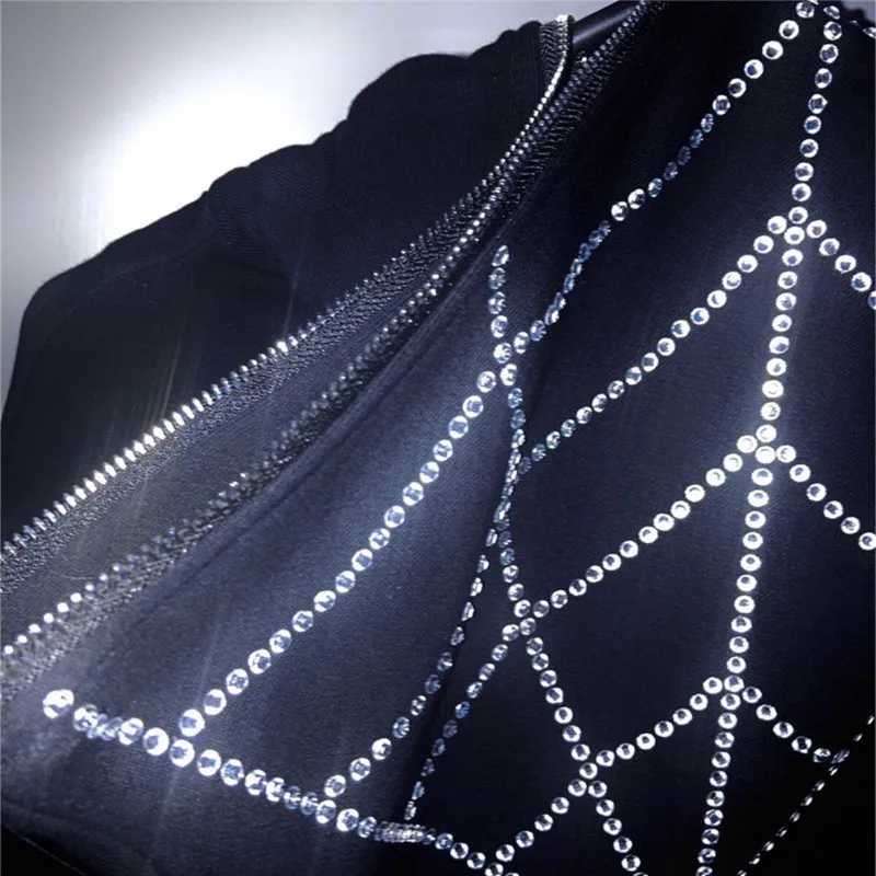 Y2K Rhinestone Cobweb Zip Up Oversized Sweatshirt 2022 Autumn Goth Hoodie Men Women Grunge Hooded Jacket Streetwear Y2K Clothing J251203