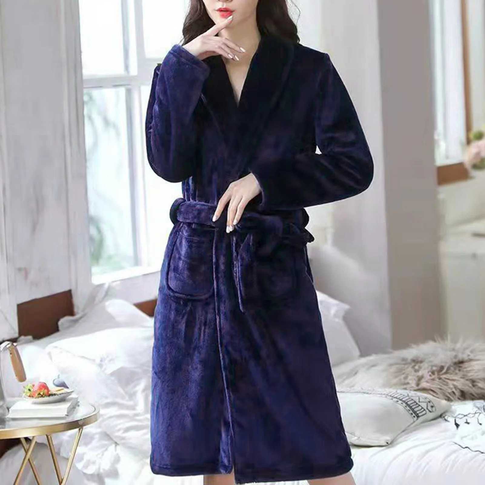 Unisex Bathrobe Luxurious Mens Winter Nightgown with Plush Coral Fleece Long Sleeve Robe with Tie Waist Pockets Cozy Homewear C251202