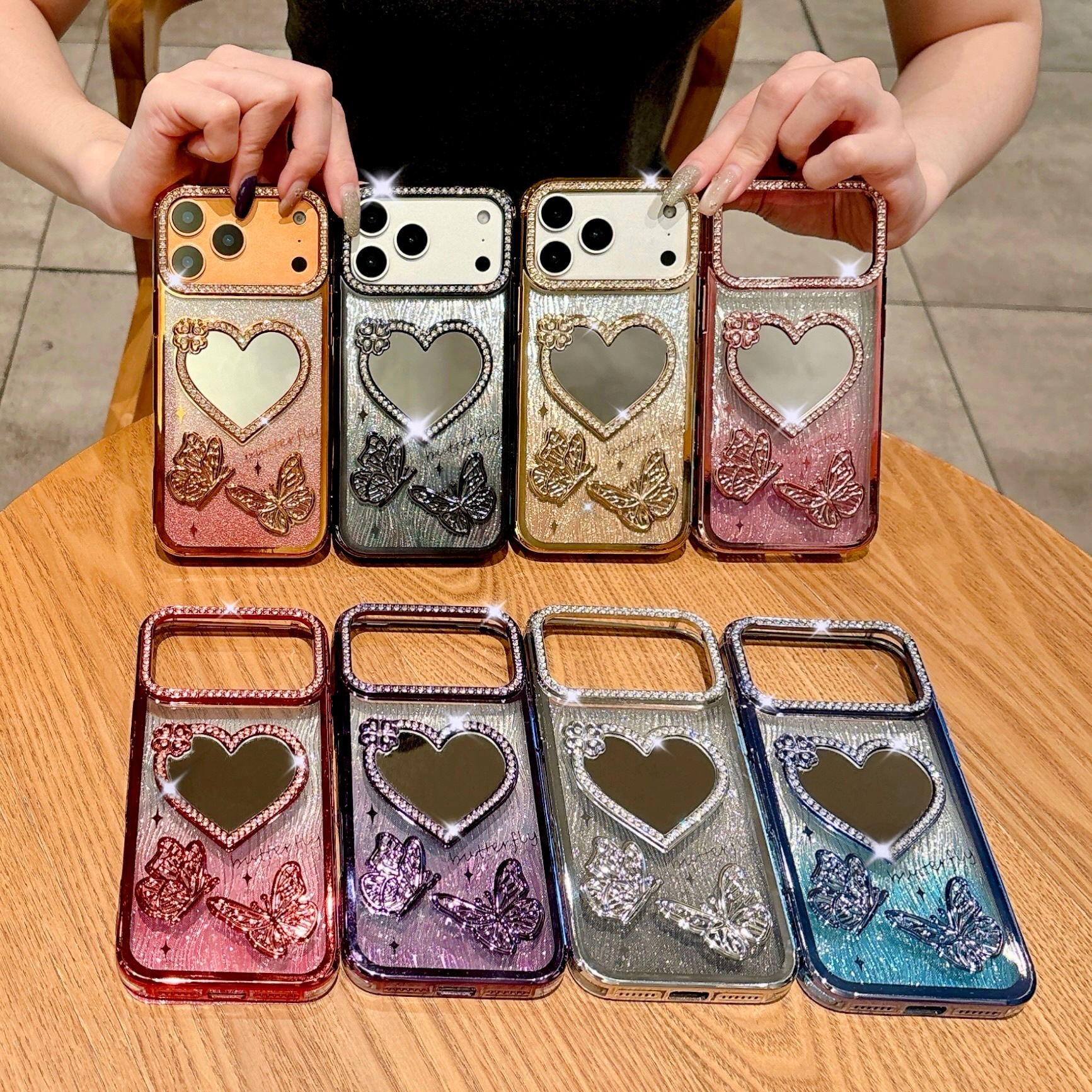 Electroplated Heart Mirror Butterfly Phone Case iPhone 17 Pro Max Compatible with Apple 16/15 Gradient Water Ripple Paper Case