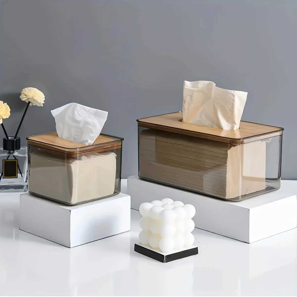 1pc-Mtifunctional Tissue Holder Paper Box with Bamboo Cover Transparent Container Living Ro Bedro Tissue Storage Box H251201