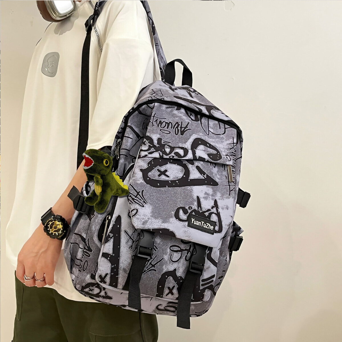 Trendy brand backpack for men, Ins trendy cool large capacity graffiti backpack for men, casual college student backpack for men