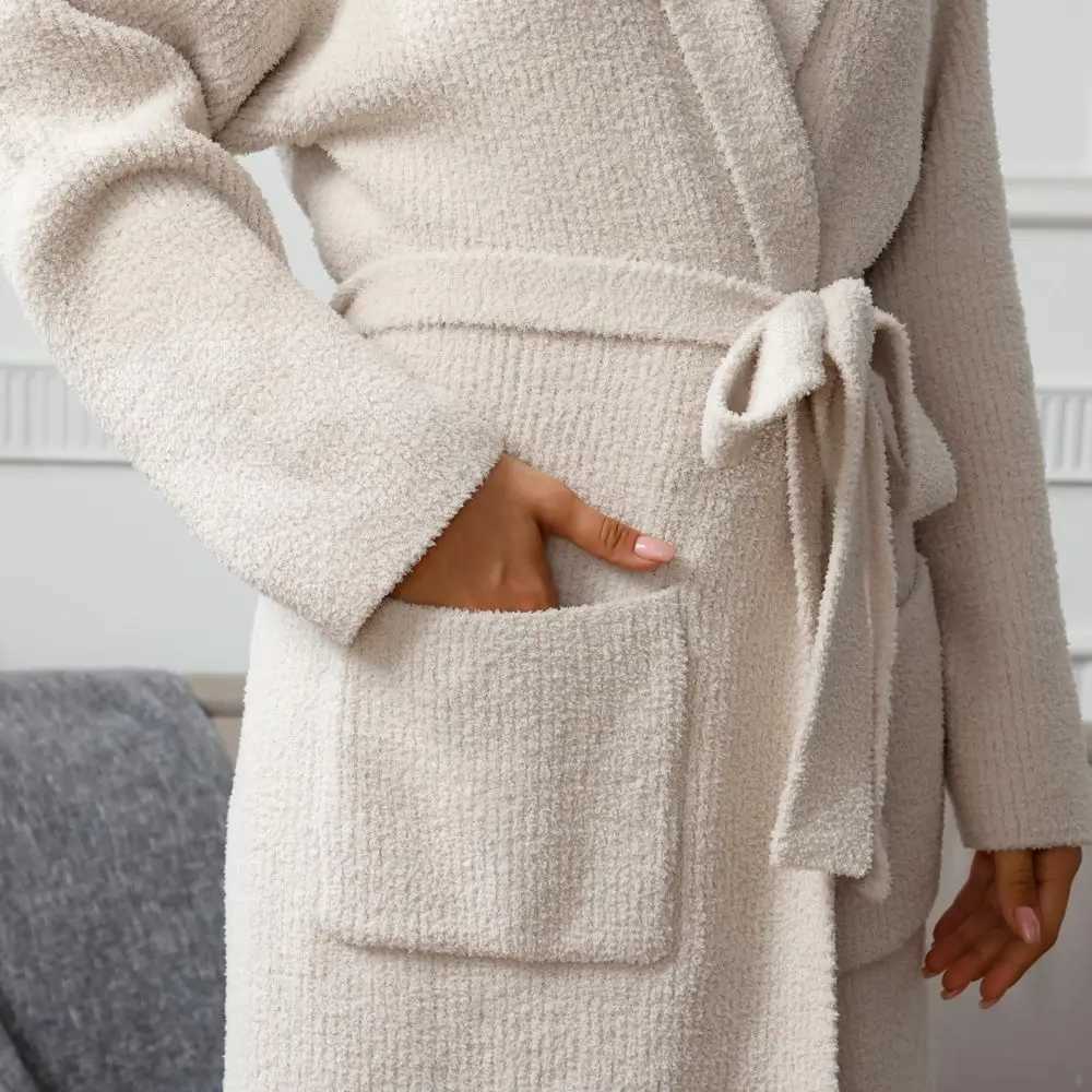 Ultra Soft Calf-Length Fuzzy Robe with Pockets for Women - Spa Loungewear Bathrobe C251202