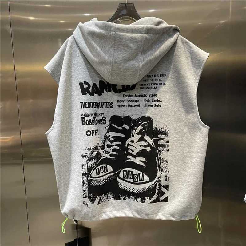 Fashion Printed Letter Sleeveless Zipper Hooded Sweatshirts Men Clothing 2025 Summer New Loose Punk Tank Top Casual Sweatshirts J251203