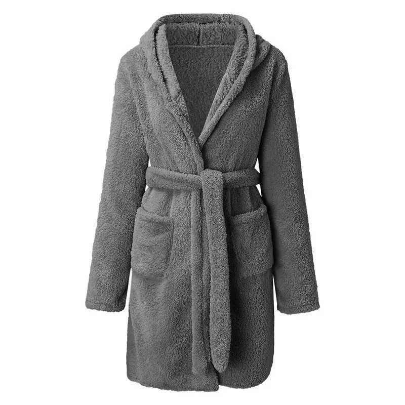 LNHF Womens Plush Mid-Length Belt Soft Bathrobe With Pockets Autumn And Winter Hooded Home Plush Pajamas C251202