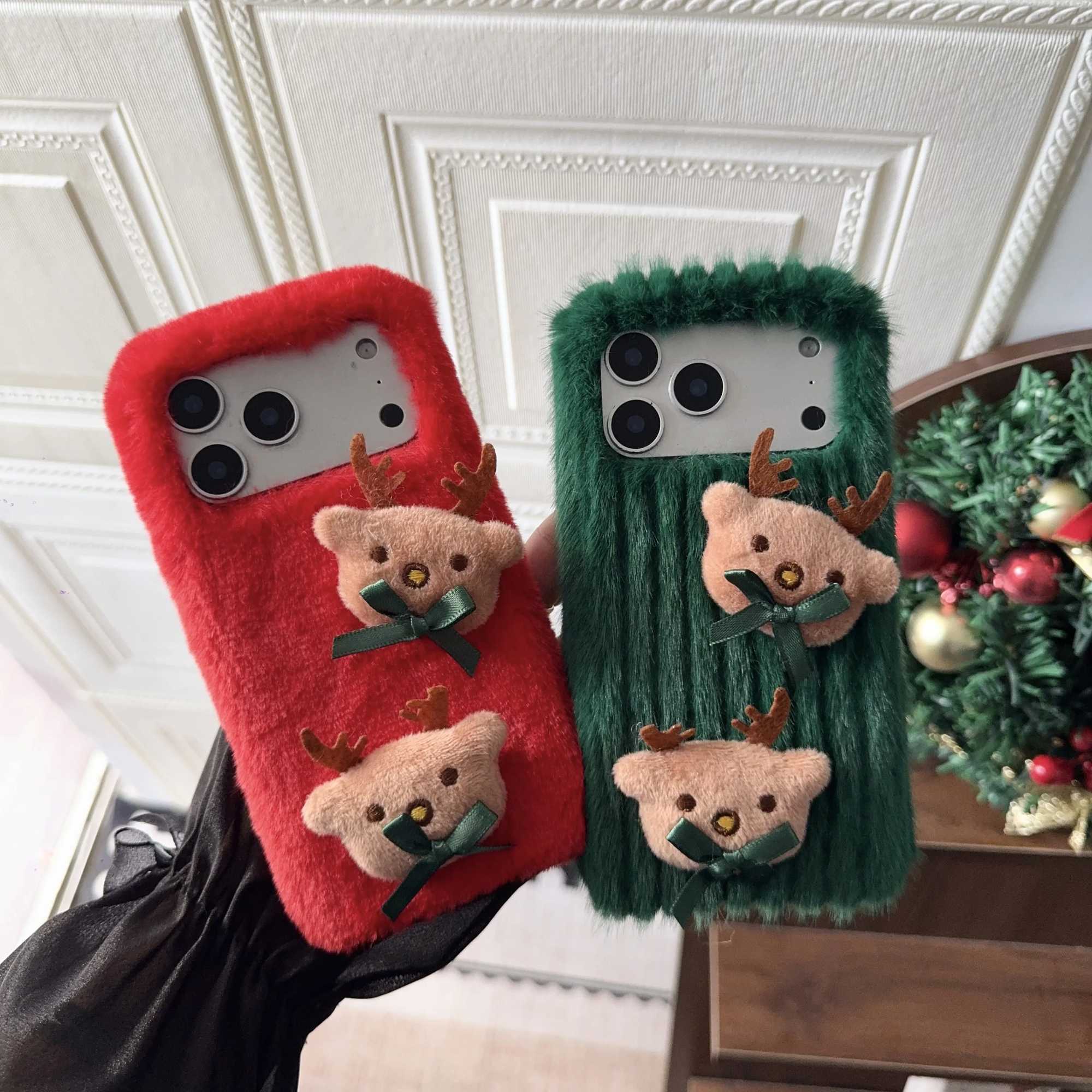 Christmas Fluffy Soft Fur Warm Phone Case for iPhone Air 11 12 13 14 15 16 17 Pro Max 3D Cute Furry Elk Deer Cover Xmas Gifts J251202