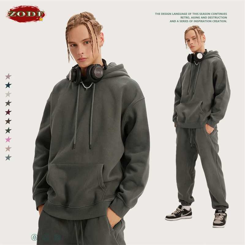 ZODF New Winter Men Basic Thick Fleece 345gsm Hoodies Casual Loose Hip Hop Unisex Hooded Sweatshirt Pullovers Tracksuits HY0010 J251203