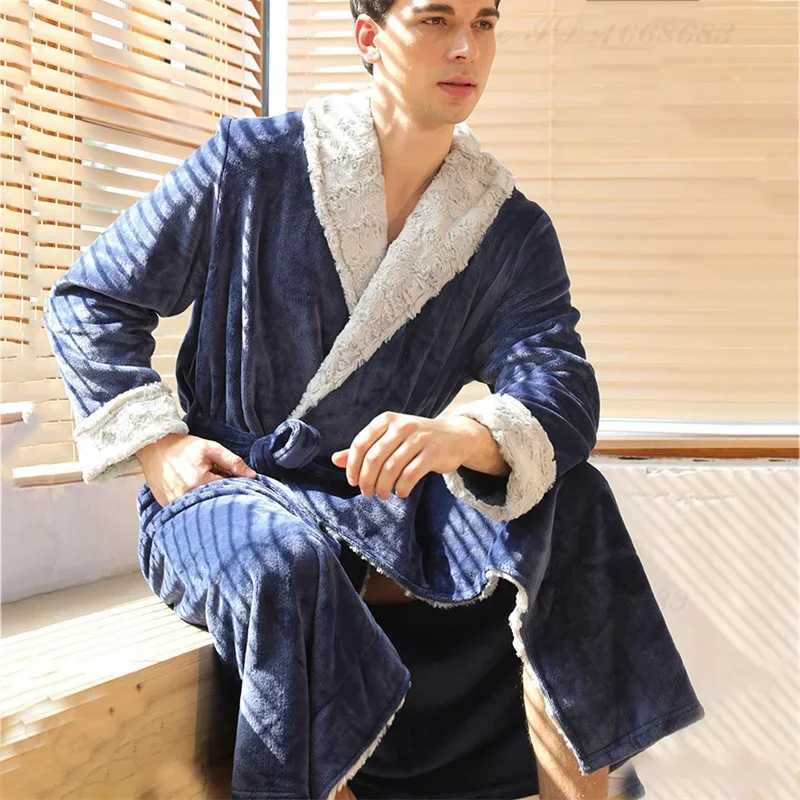 Winter Mens Long Robe Lounge Wear Thicken Flannel Home Clothes Loose Casual Coral Fleece Bathrobe Couple Sleepwear Nightwear C251202
