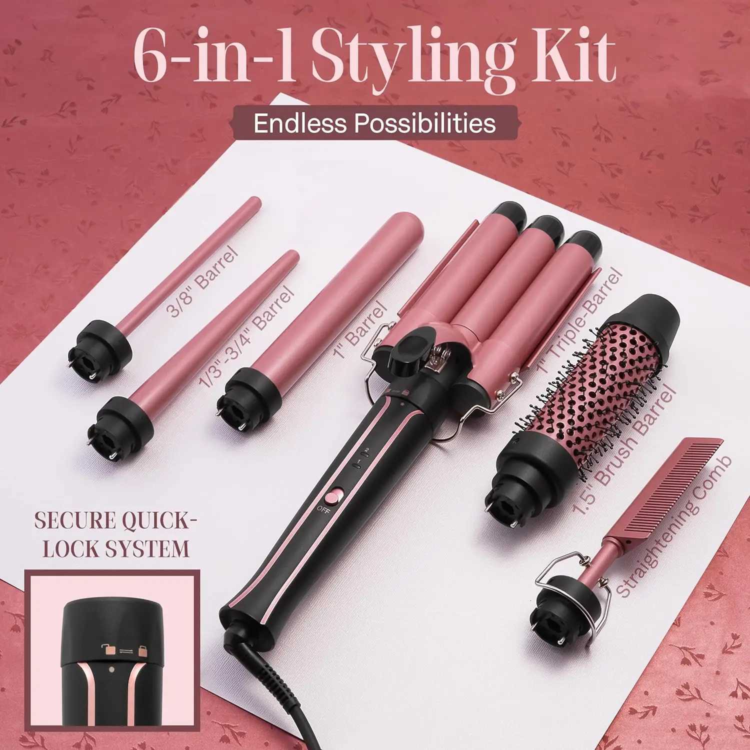 Curling Iron Wand Set 6-in-1 Hair Curler with 3 Barrel Hair Crimper Spiral Curling Iron - Fast Heating Styling Tools for Wen C251202