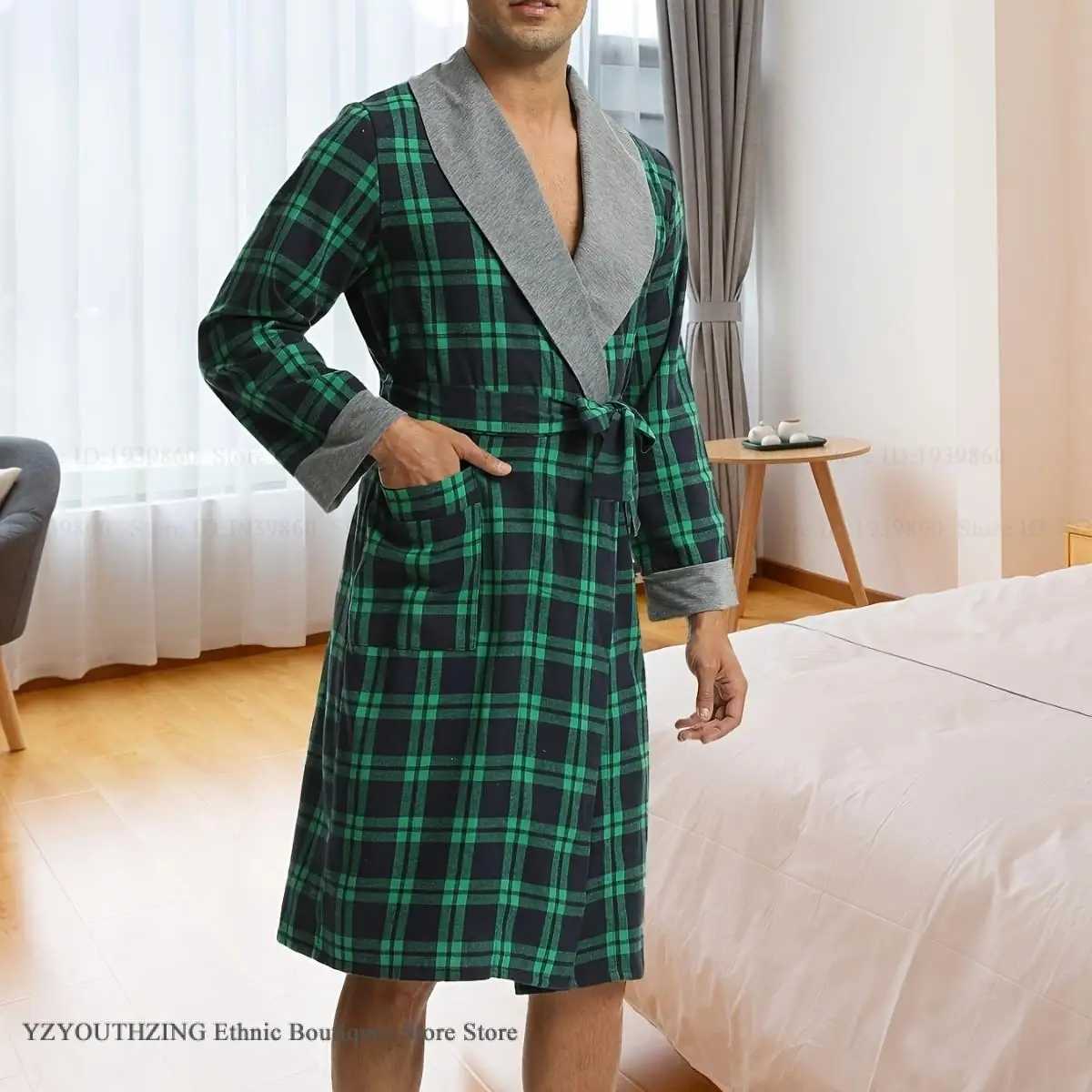Autumn Men Robe Kimono Gown Bathrobe Gown Loose Casual Male Home Clothing Sleepwear Green Plaid Loungewear Nightwear Negligee C251202